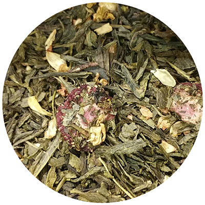 kineski čaj Sencha i Silver Needle (93%), aroma, cvjetovi jasmina, smrznuti komadići jagode.
